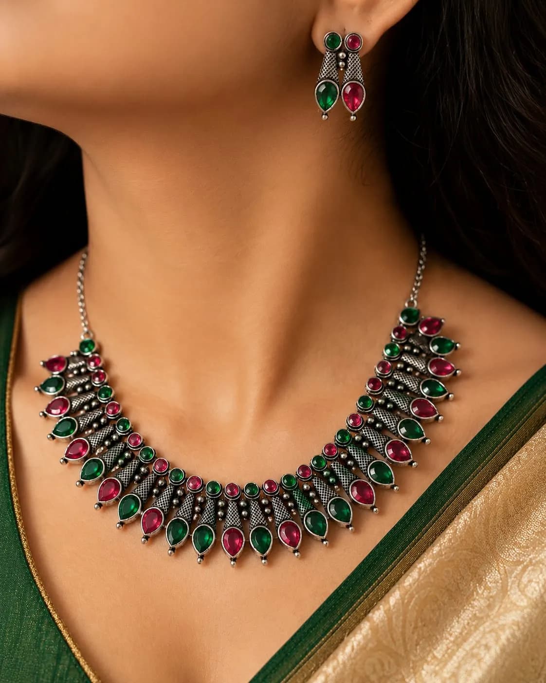 Niyanara Oxidised Silver Stone Choker Set