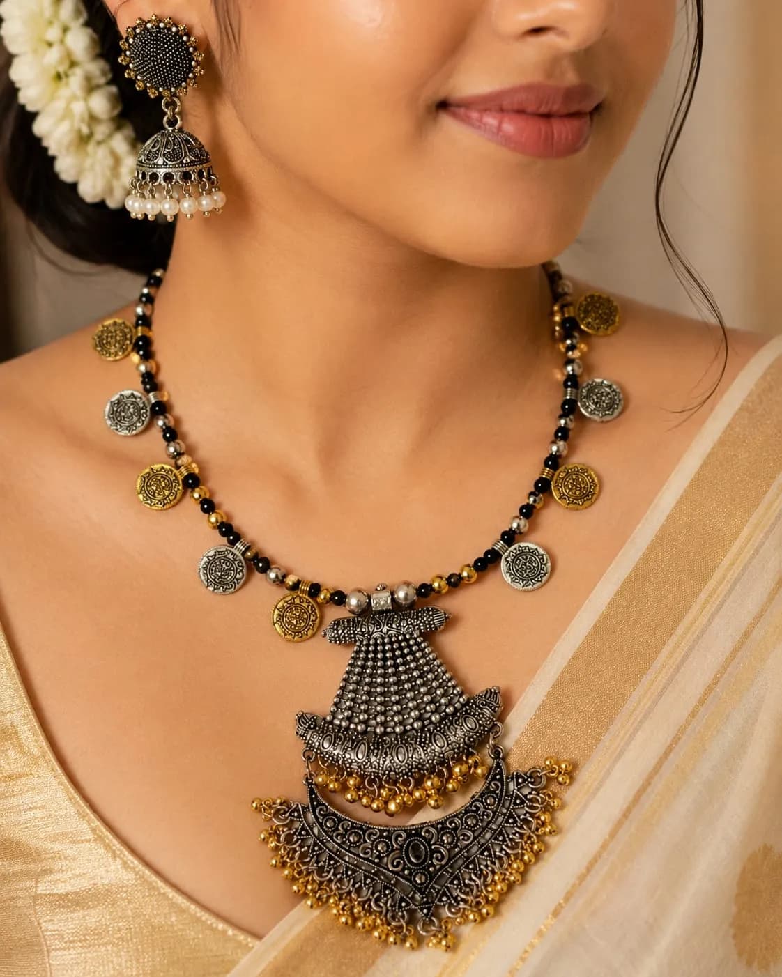 Niyanara Oxidised Two Tone Necklace with Jhumki Earrings