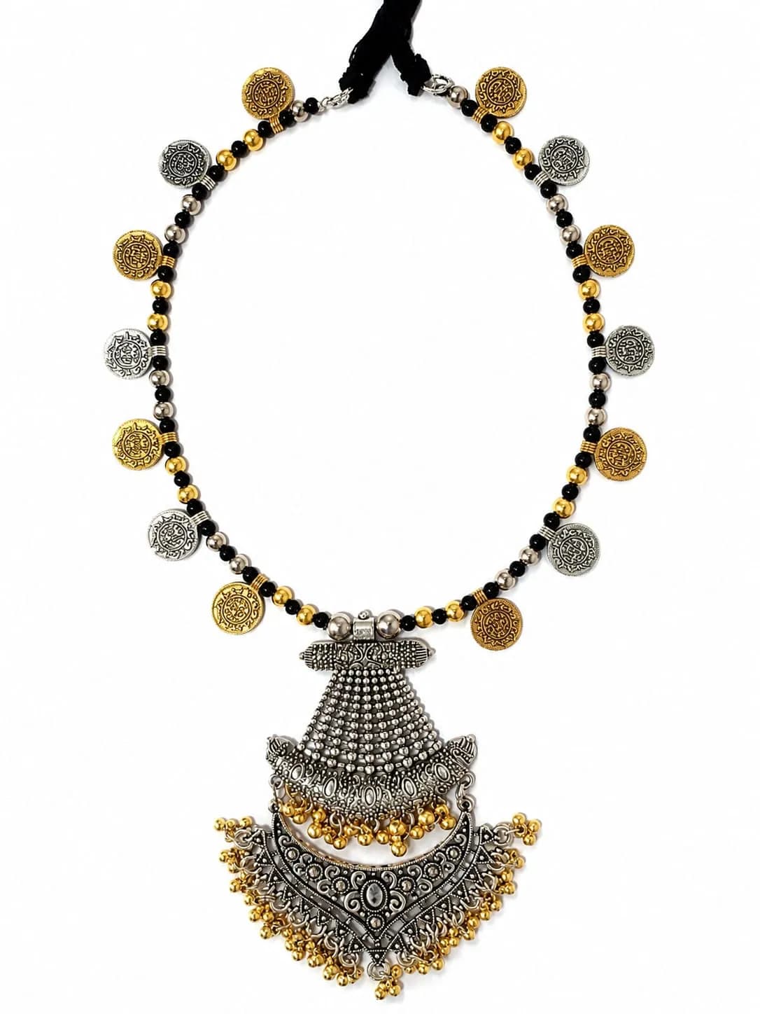Niyanara Oxidised Two Tone Necklace with Jhumki Earrings