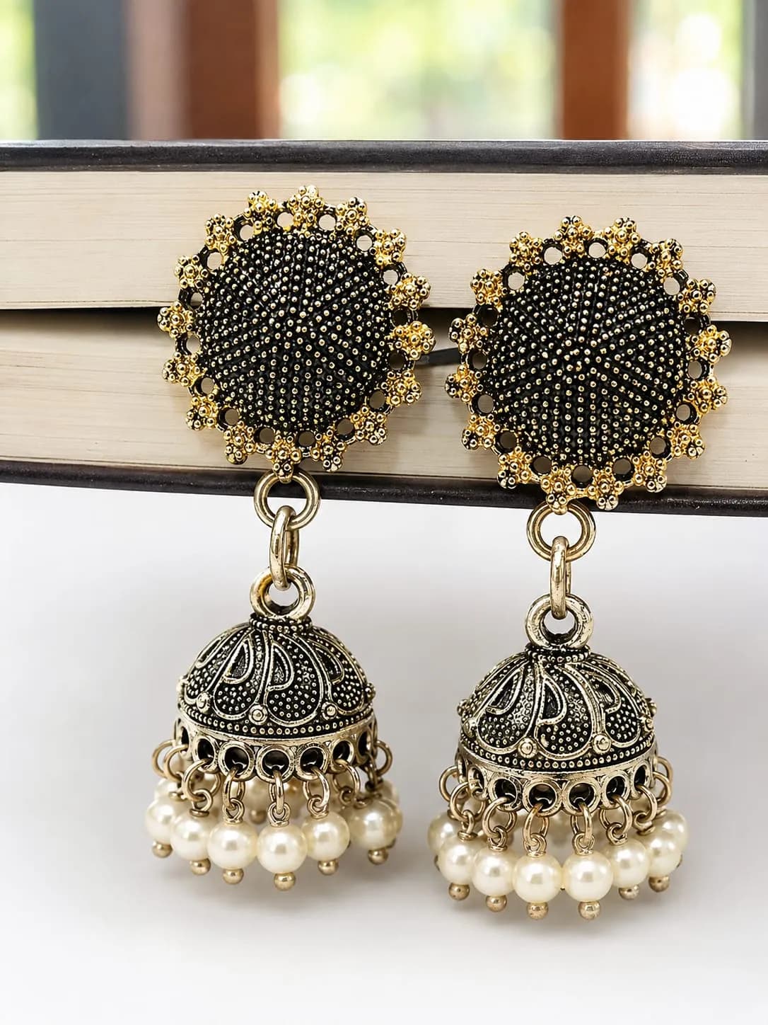 Niyanara Oxidised Two Tone Necklace with Jhumki Earrings