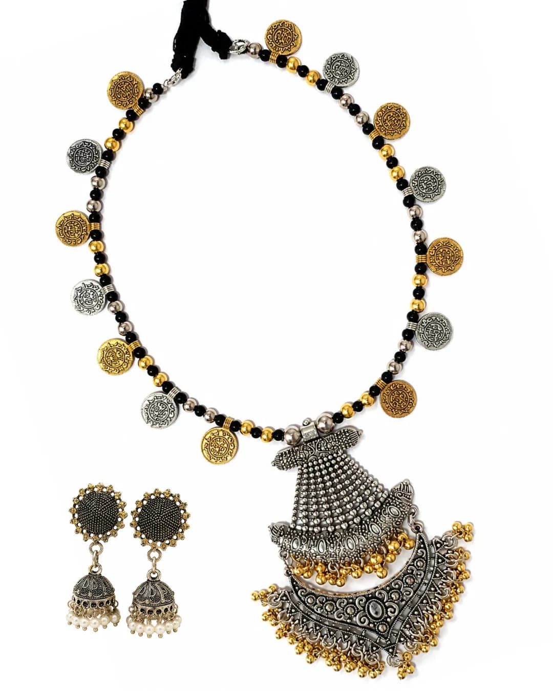 Niyanara Oxidised Two Tone Necklace with Jhumki Earrings