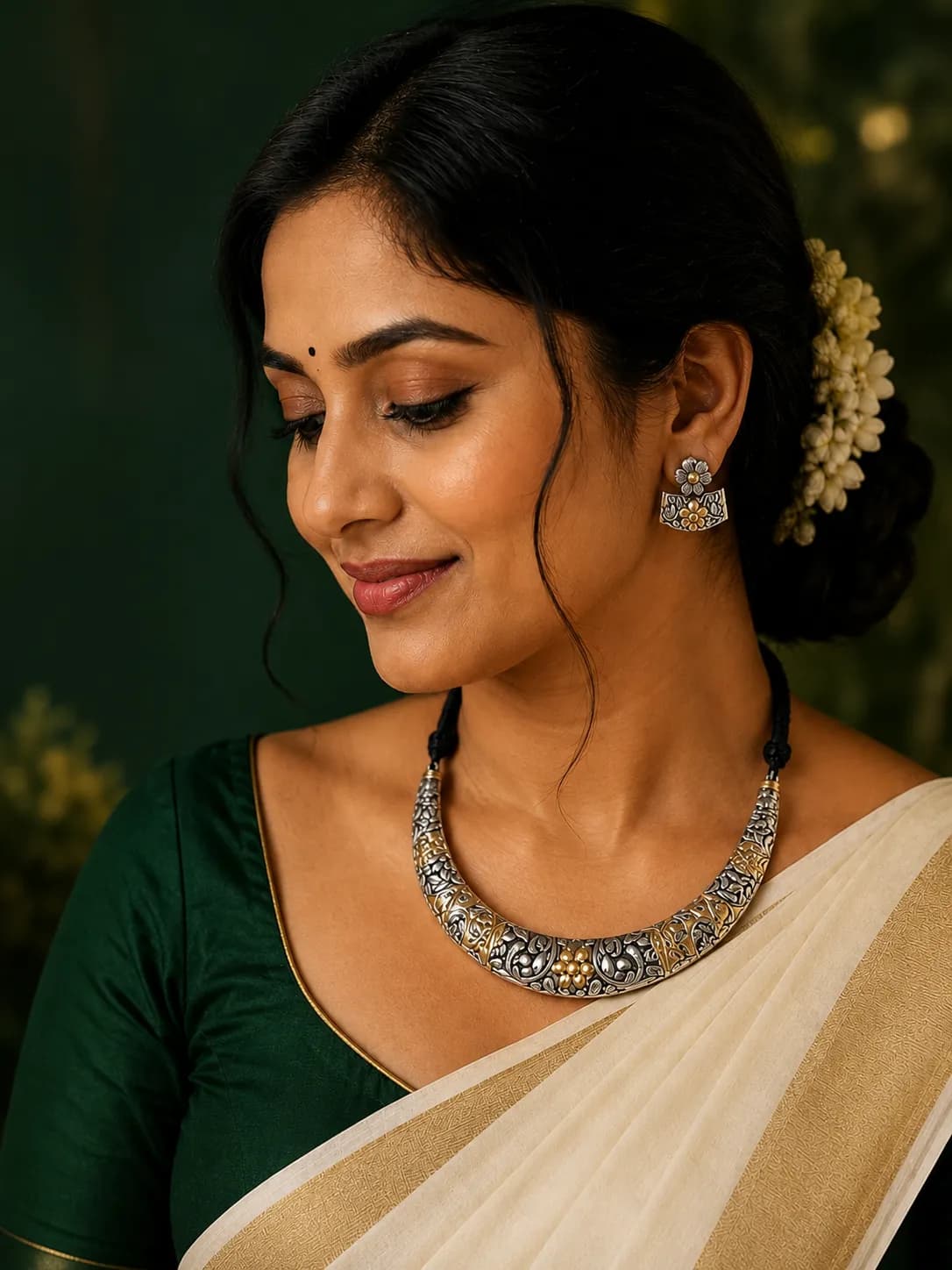 Niyanara Oxidised Silver Two Tone Necklace Set