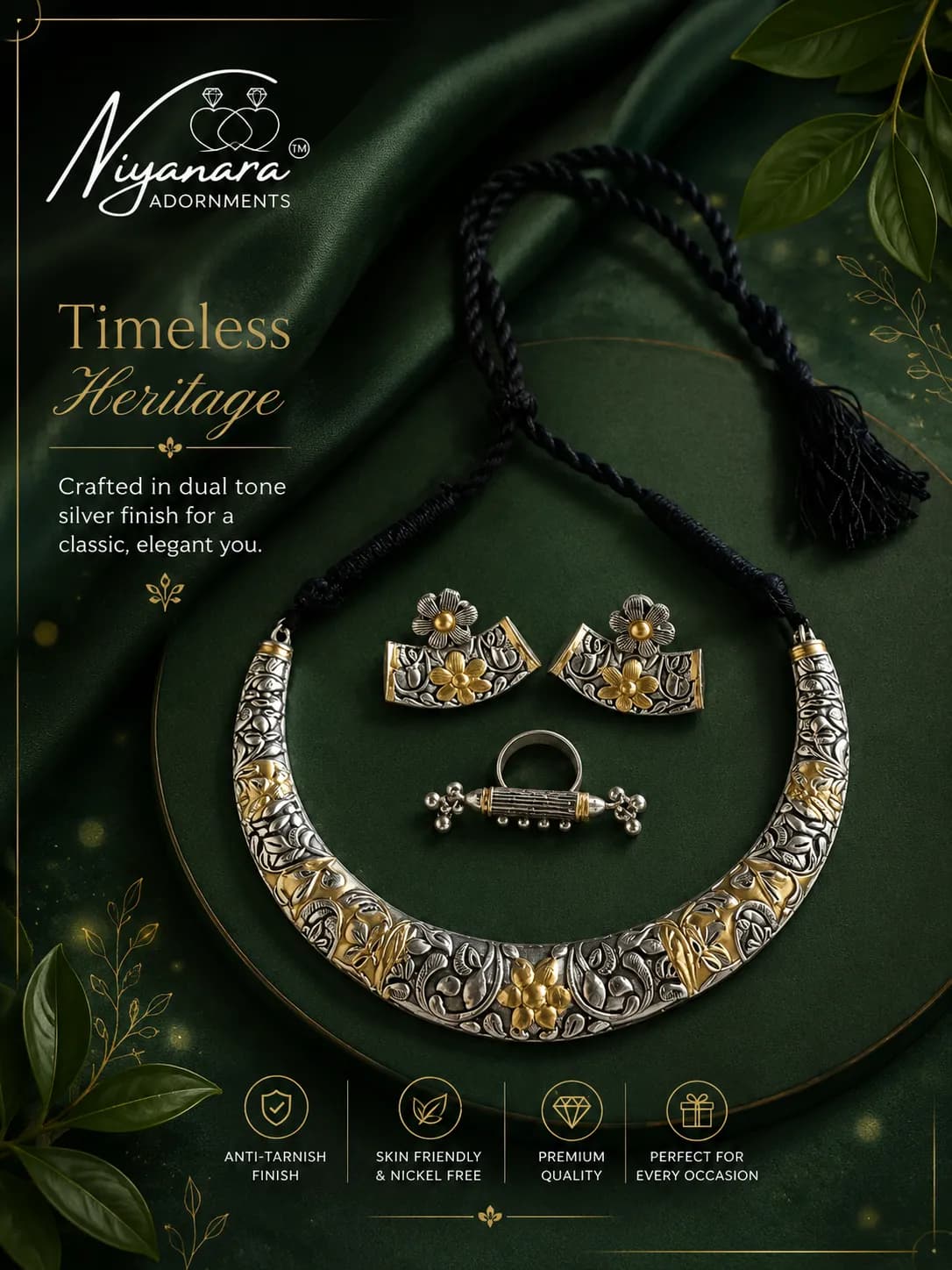 Niyanara Oxidised Silver Two Tone Necklace Set