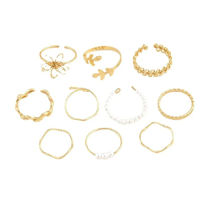 Niyanara Women Set of 10 Gold Plated Adjustable Floral Finger Ring