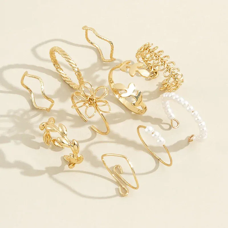 Niyanara Women Set of 10 Gold Plated Adjustable Floral Finger Ring