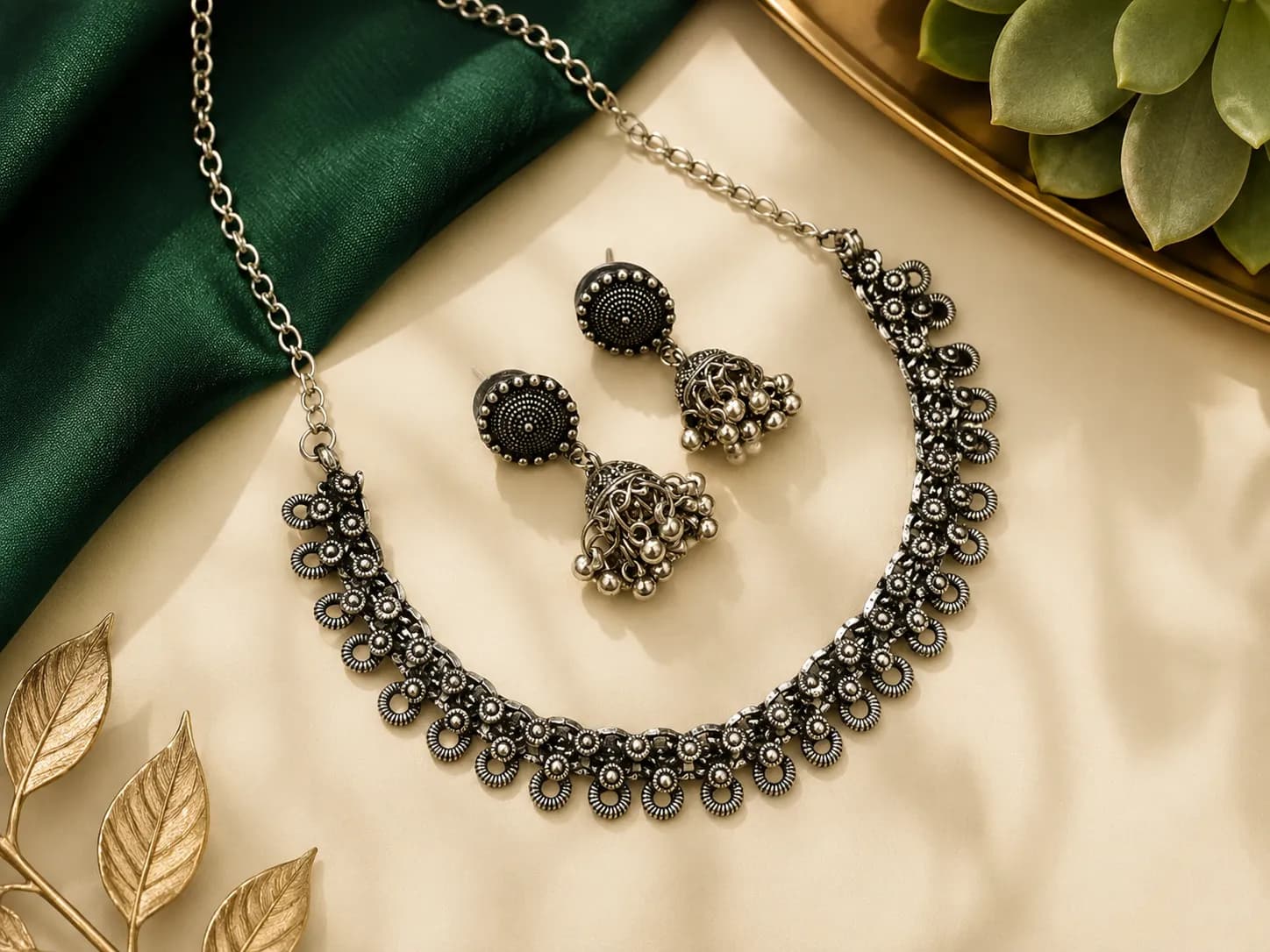 Niyanara Oxidised Silver Chain Choker Necklace set