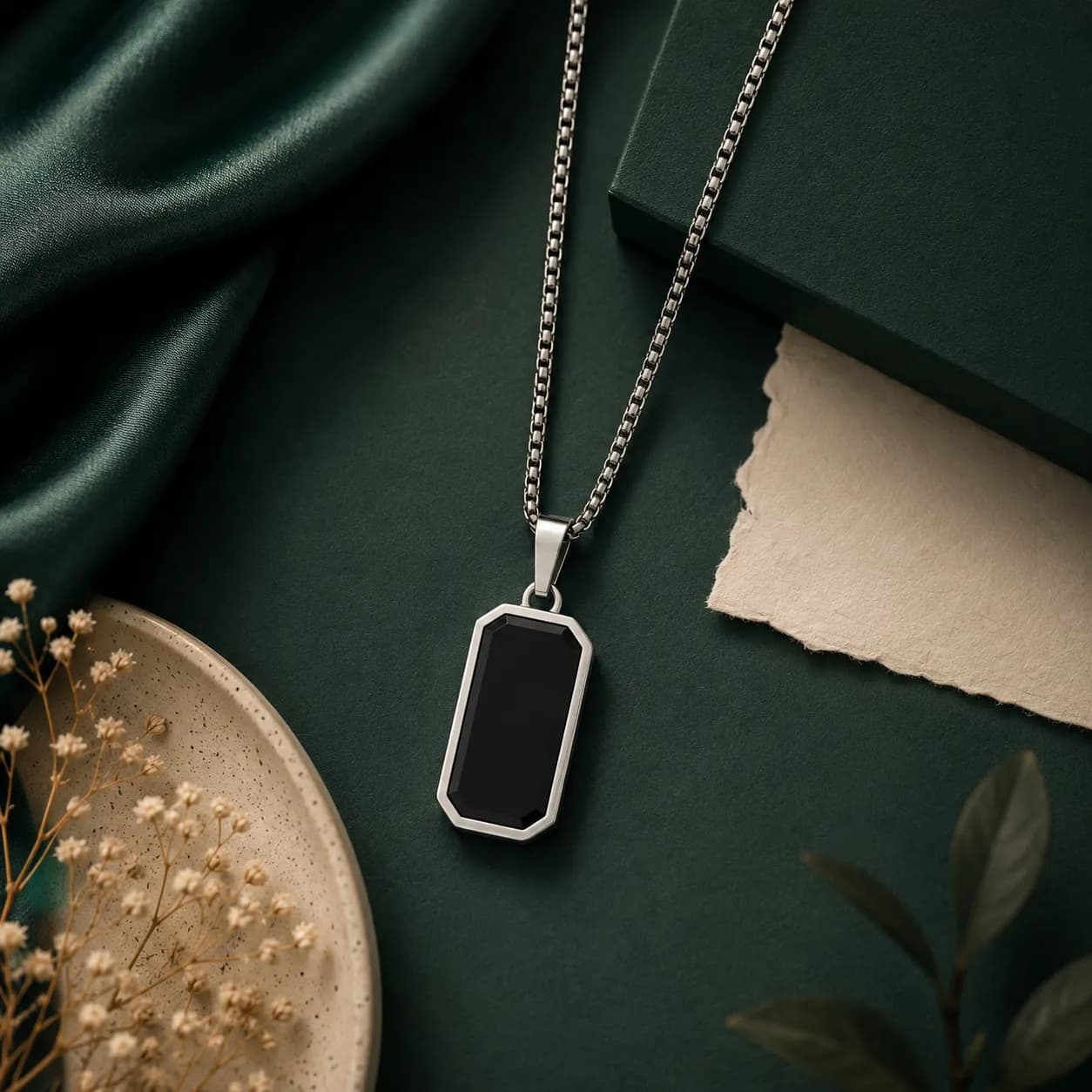 Niyanara Antitarnish Stainless Steel Silver Plated Black Rectangular Hip Hop Pendant