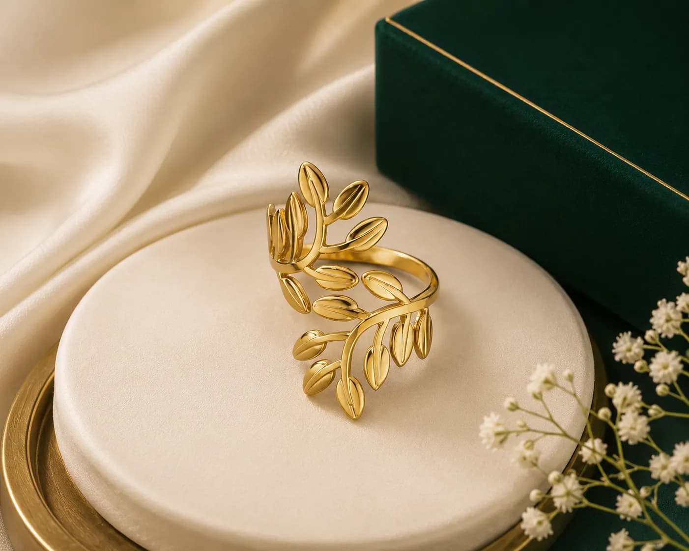 Niyanara Antitarnish Stainless Steel Gold Plated Leaf Themed Adjustable Ring