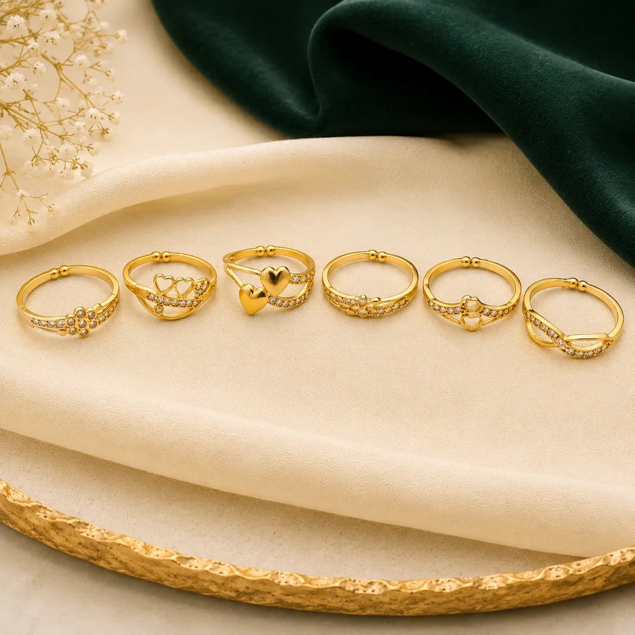 Niyanara Gold-plated finger Ring Set – Elegant brass rings with diamond detailing