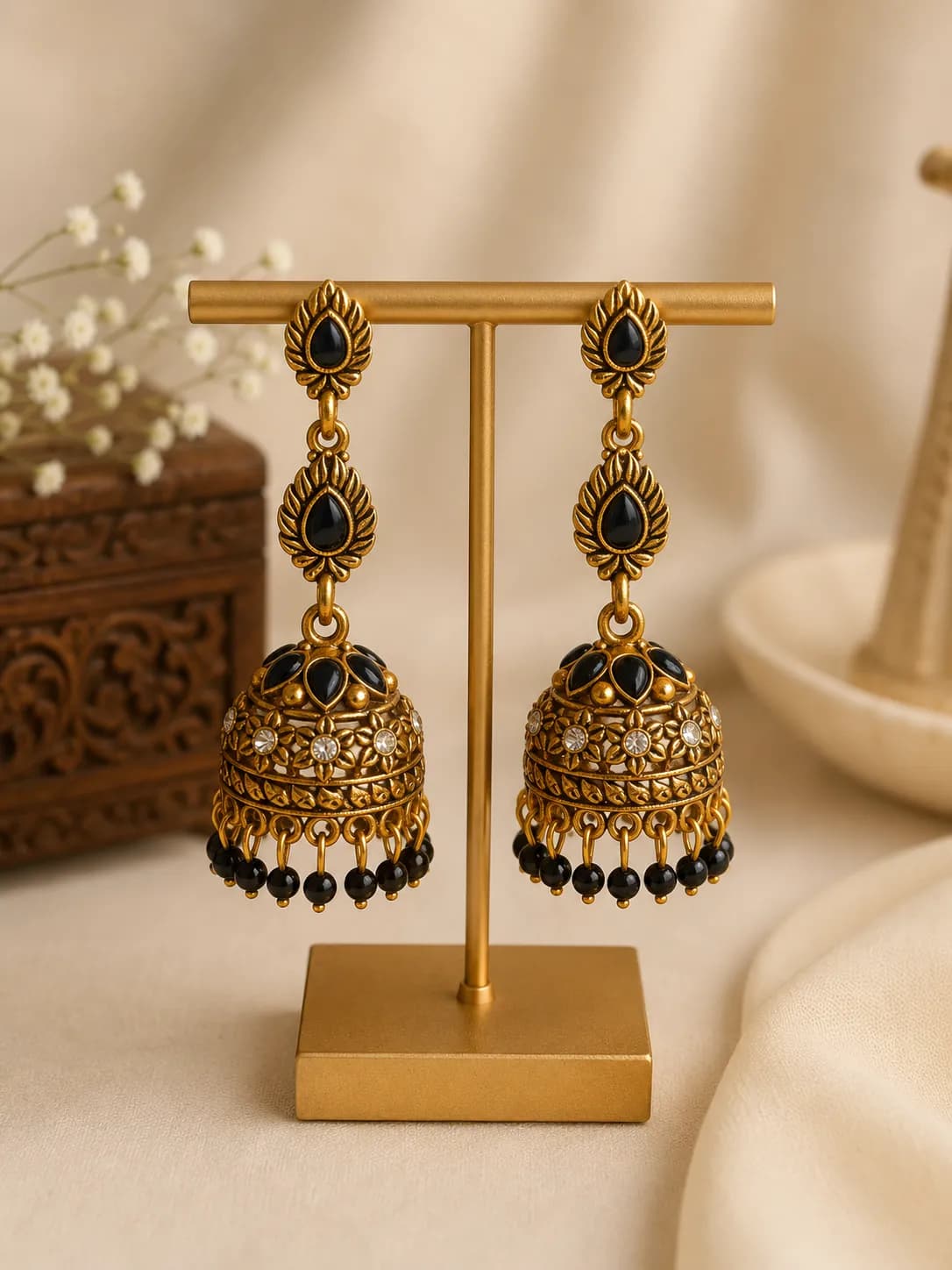Niyanara Noir Temple Jhumki Earrings