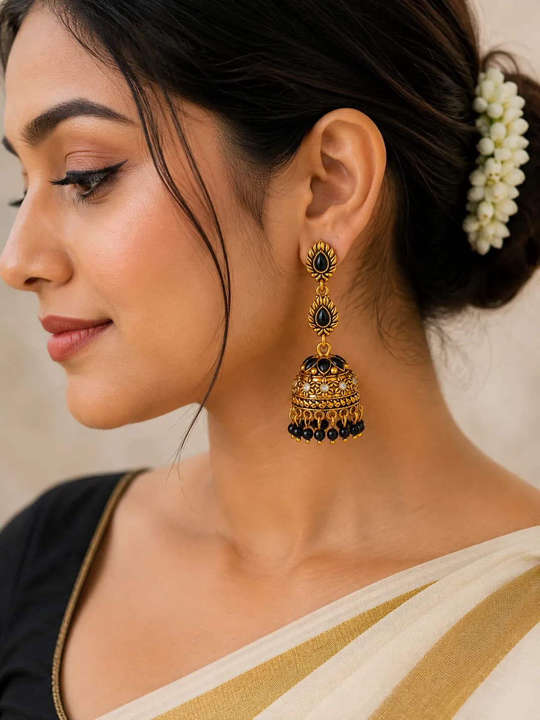 Niyanara Noir Temple Jhumki Earrings