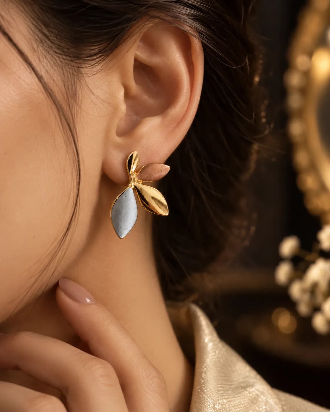 Niyanara Golden Leaf Trio Korean Earrings for Women