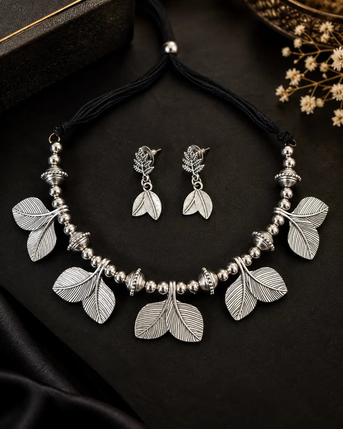 Niyanara Oxidised Leaf Choker Necklace with Earrings for Women