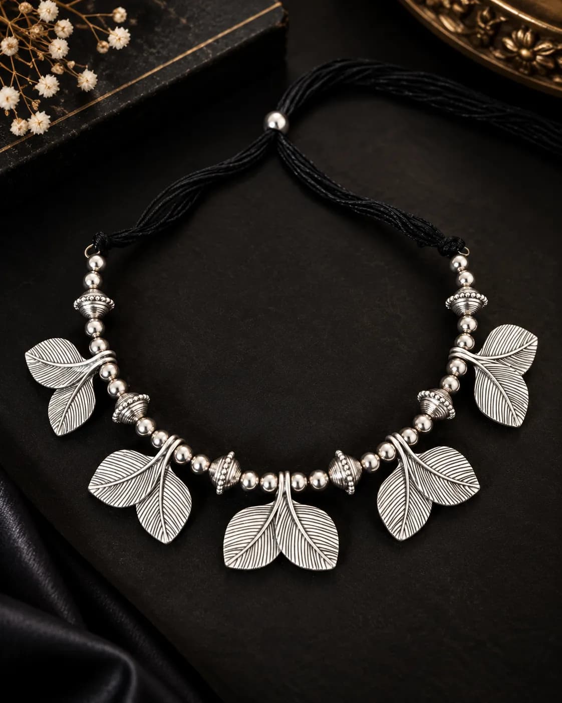 Niyanara Oxidised Leaf Choker Necklace with Earrings for Women