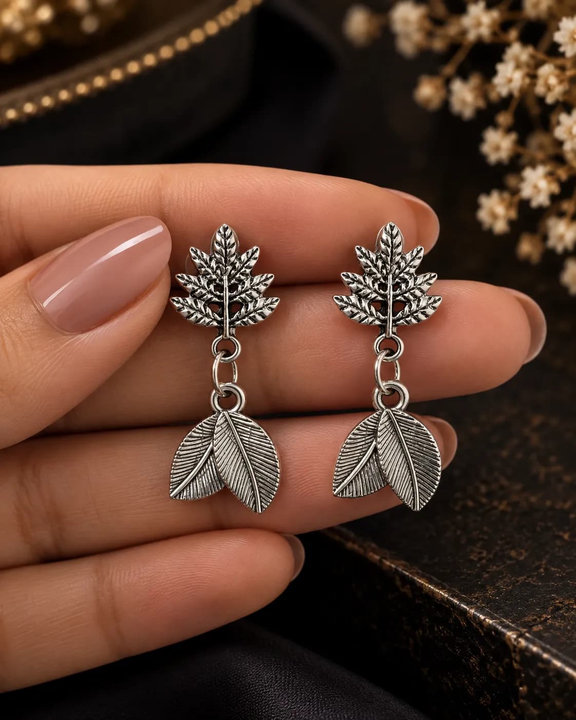 Niyanara Oxidised Leaf Choker Necklace with Earrings for Women