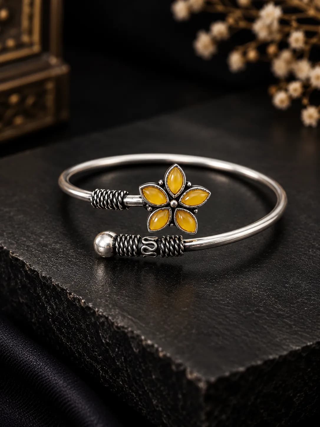 Niyanara Oxidised Silver Bloom Adjustable Bangle for Women