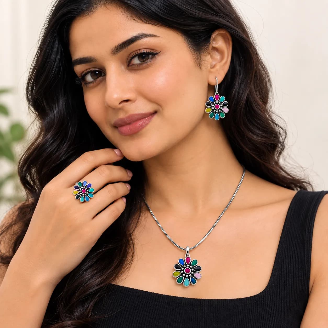 Niyanara Handcrafted Oxidised Floral Pendant Neckalce with Earrings and Ring for Women