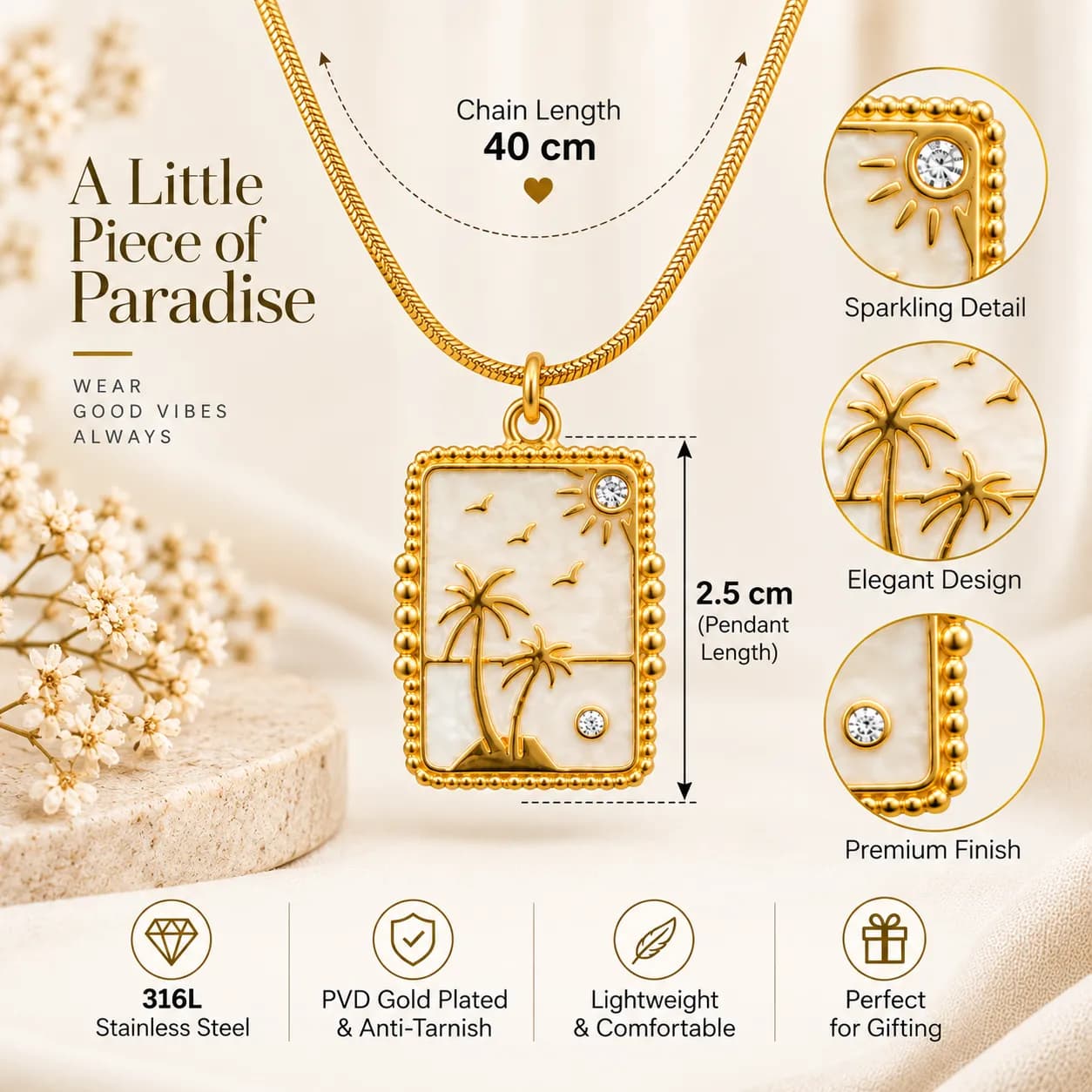 Niyanara 316L Stainless Steel PVD Gold Plated Palm Tree Pendant with Neckchain for Women