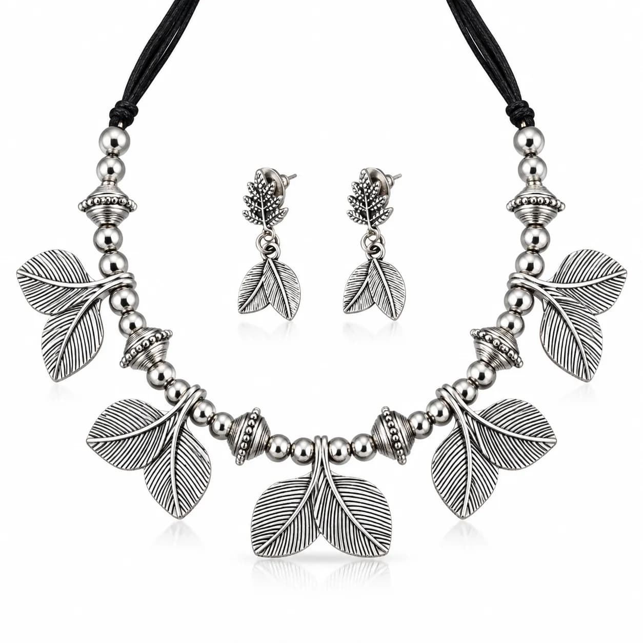 Niyanara Oxidised Leaf Choker Necklace with Earrings for Women