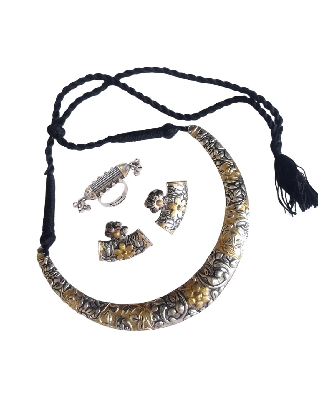 Niyanara Oxidised Silver Two Tone Hasli Necklace with Earrings and Ring Combo for Women