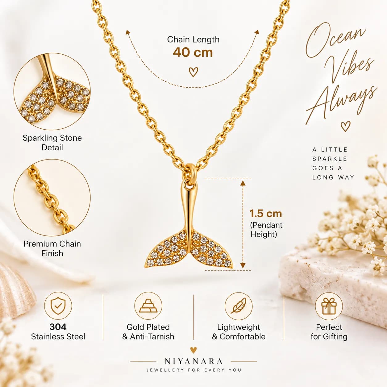 Niyanara 304 Stainless Steel Gold Plated Mermaid Tail Pendant with Neckchain for Women