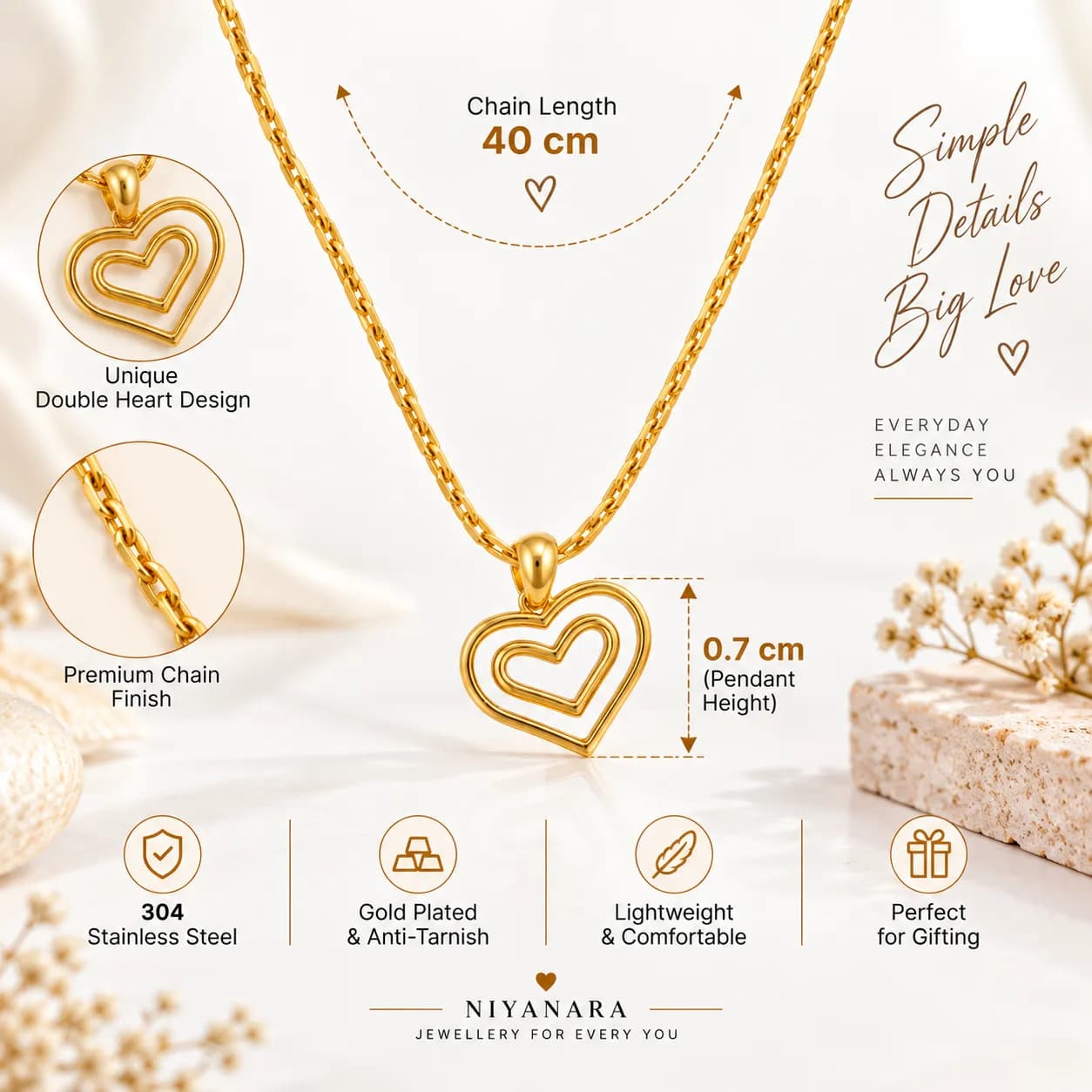 Niyanara 304 Stainless Steel Gold Plated Double Heart Pendant with Neckchain for Women