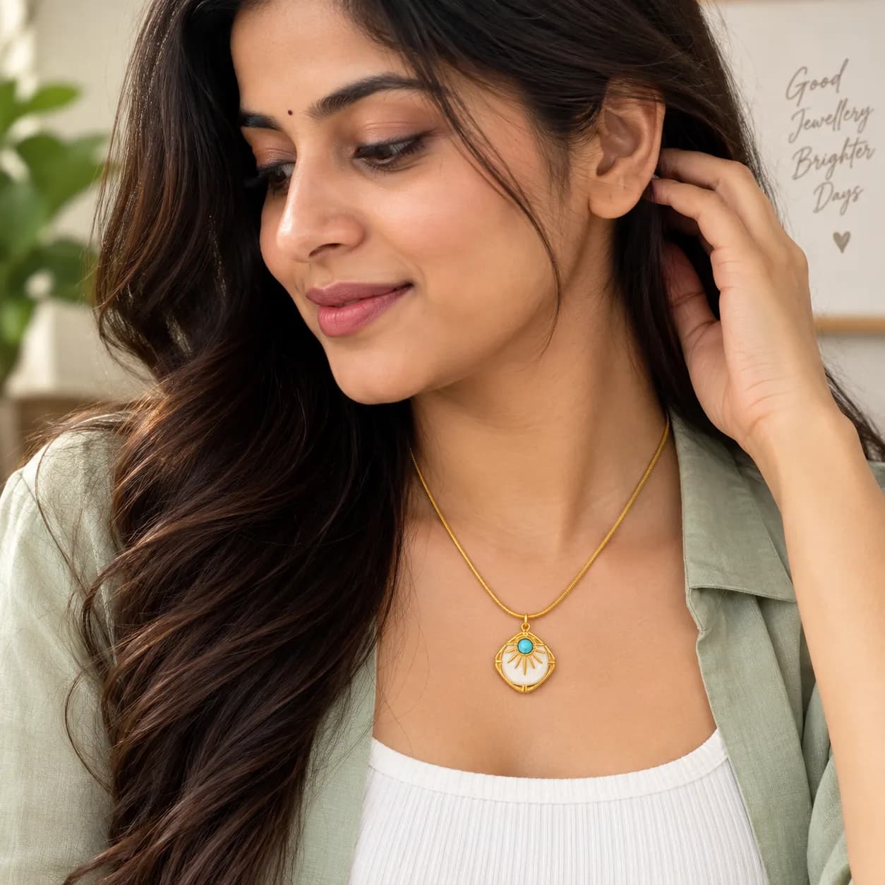 Niyanara 304 Stainless Steel Gold Plated Sunburst Turquoise Pendant with Neckchain for Women