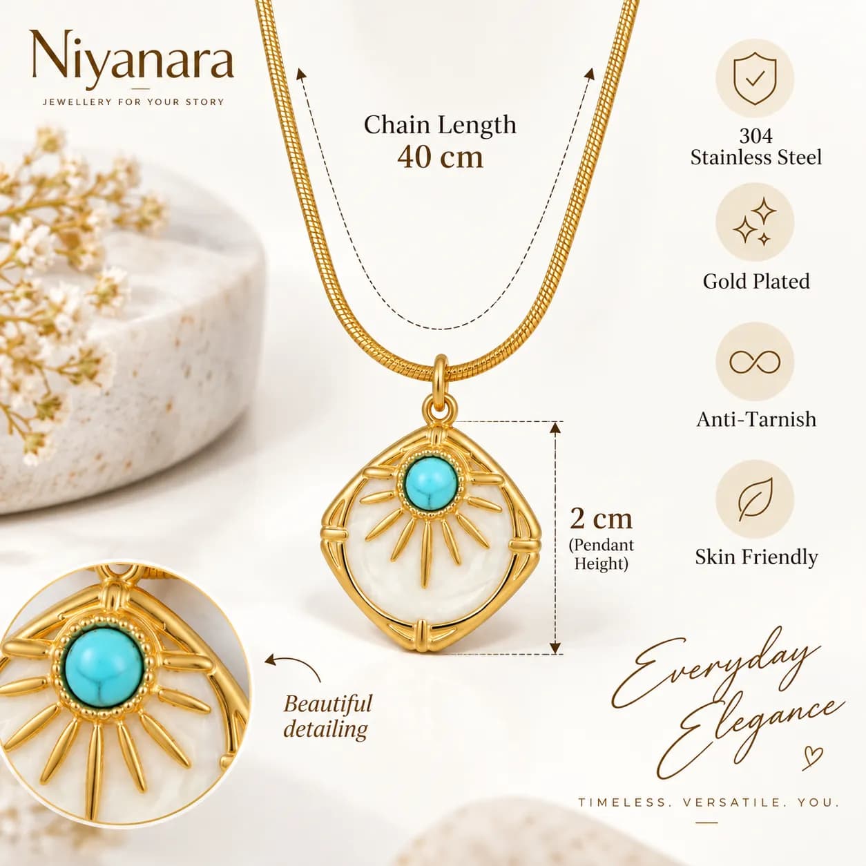 Niyanara 304 Stainless Steel Gold Plated Sunburst Turquoise Pendant with Neckchain for Women