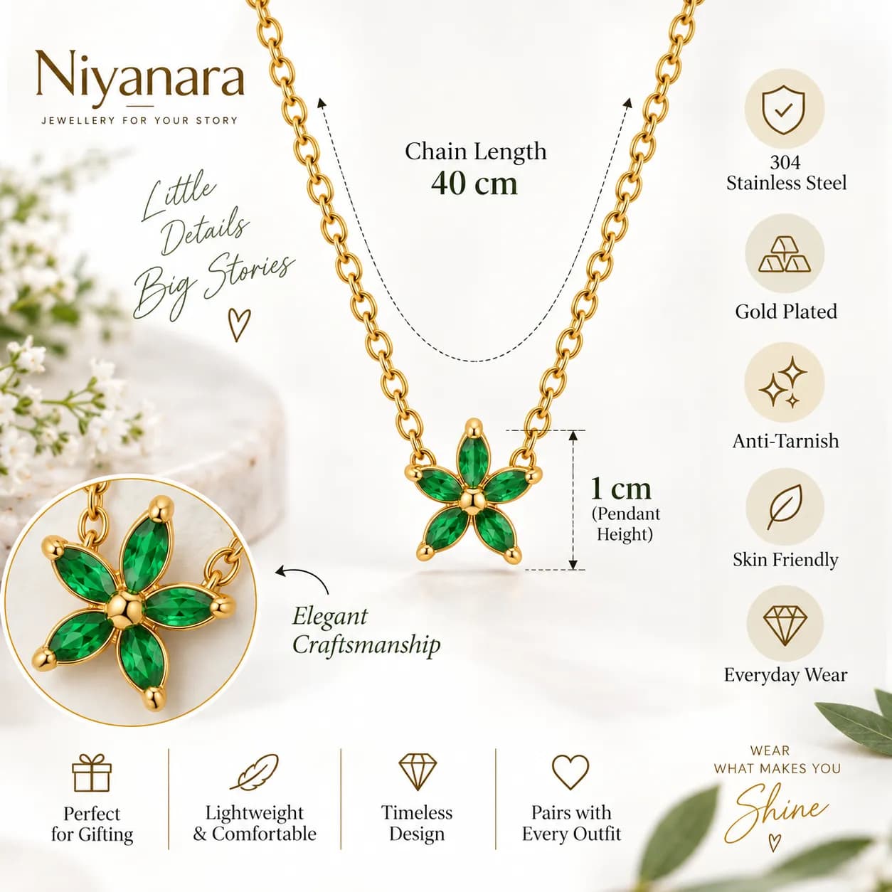 Niyanara 304 Stainless Steel Gold Plated Crystal Flower Pendant with Neckchain for Women