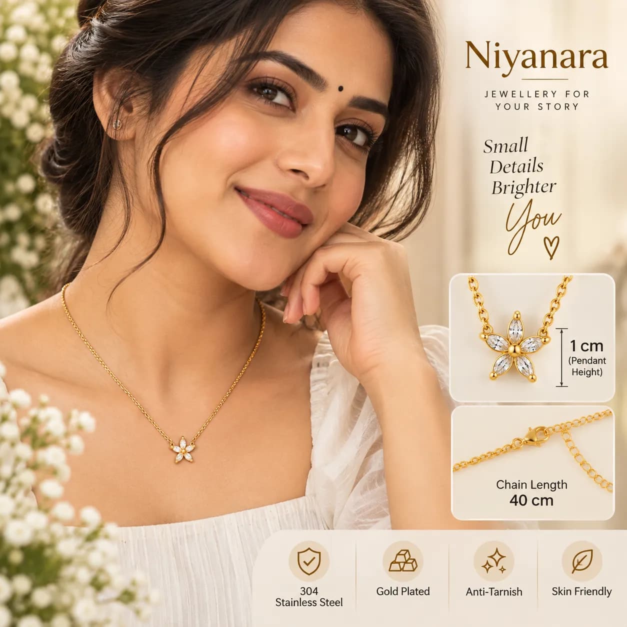 Niyanara 304 Stainless Steel Gold Plated Crystal Flower Pendant with Neckchain for Women