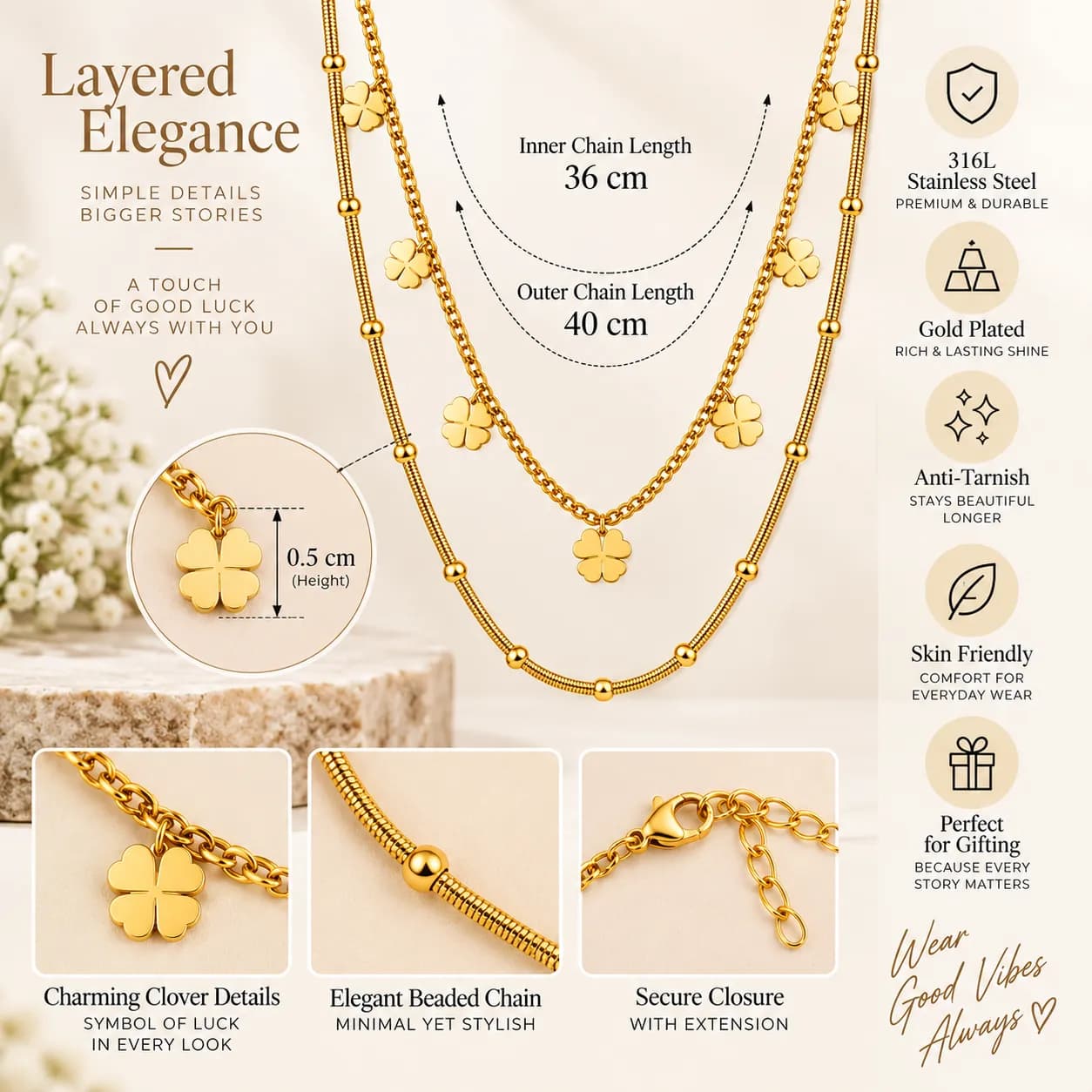 Niyanara 316L Stainless Steel PVD Gold Plated Layered Charm Neckchain for Women