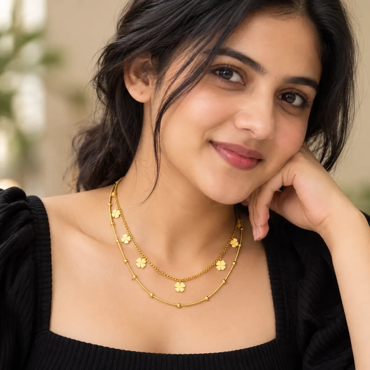 Niyanara 316L Stainless Steel PVD Gold Plated Layered Charm Neckchain for Women