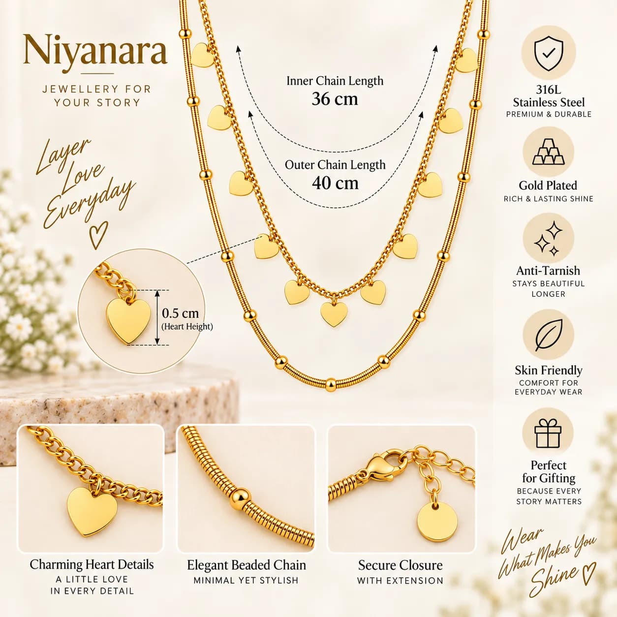 Niyanara 316L Stainless Steel PVD Gold Plated Layered Charm Neckchain for Women