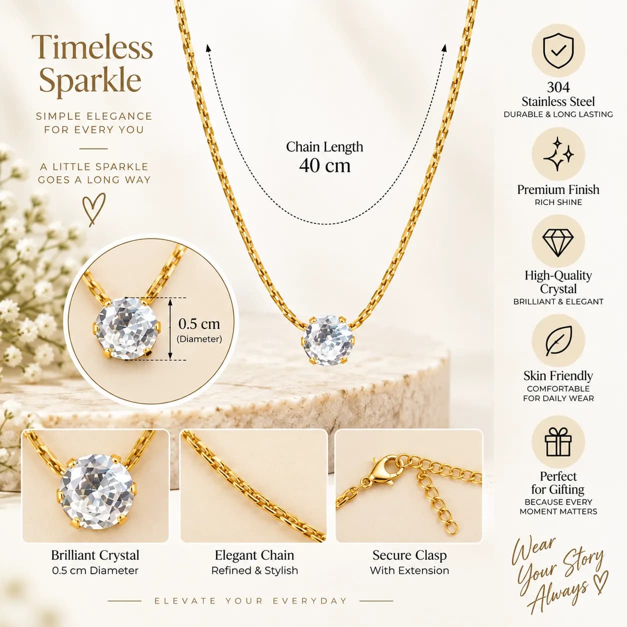 Niyanara 304 Stainless Steel Classic Solitaire Crystal Pendant with Neck Chain for Women