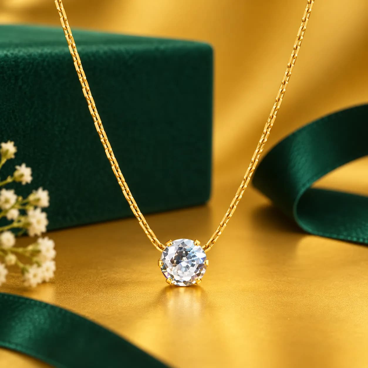 Niyanara 304 Stainless Steel Classic Solitaire Crystal Pendant with Neck Chain for Women
