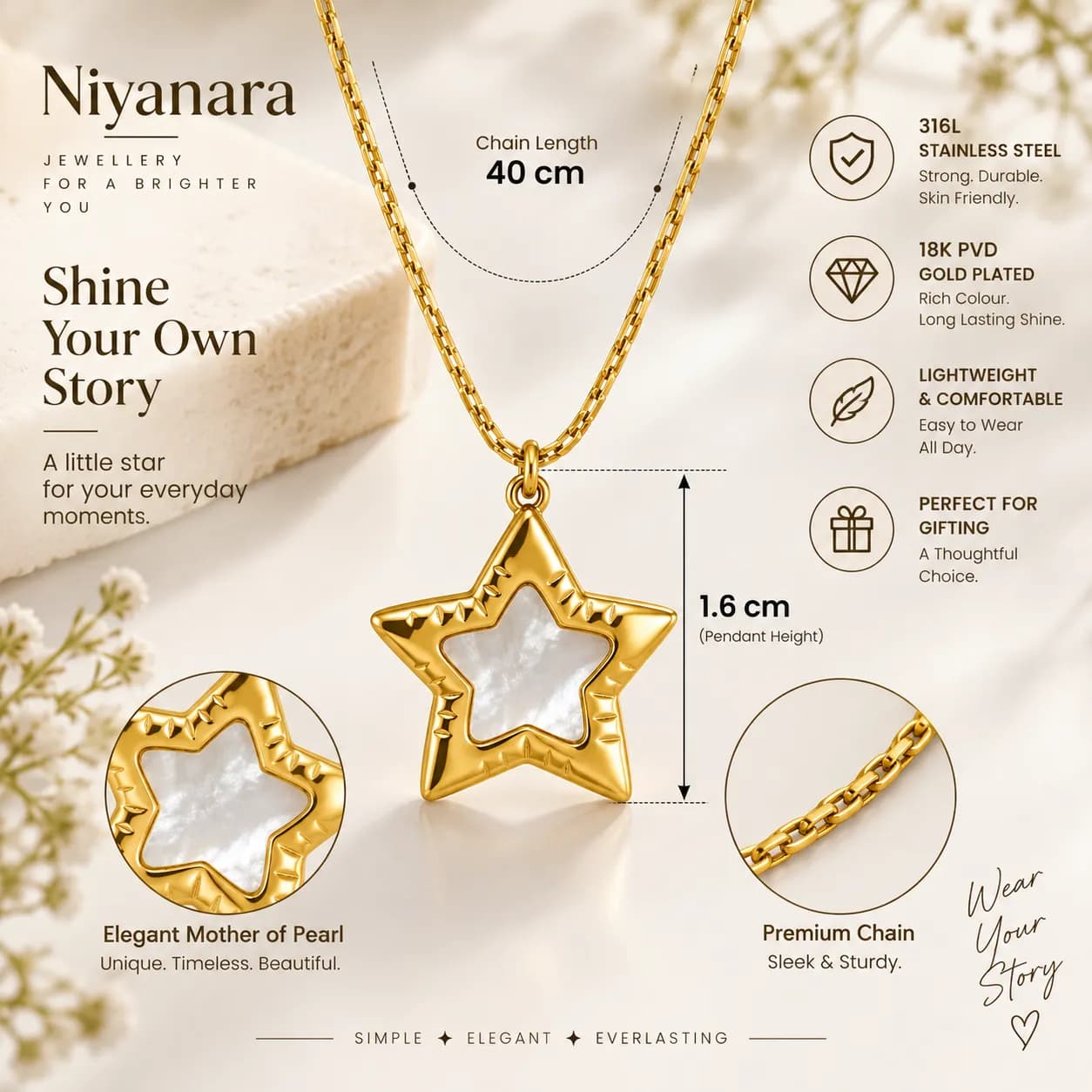 Niyanara 316L Stainless Steel 18K PVD Gold Plated Star Mother of Pearl Pendant Neck Chain for Women