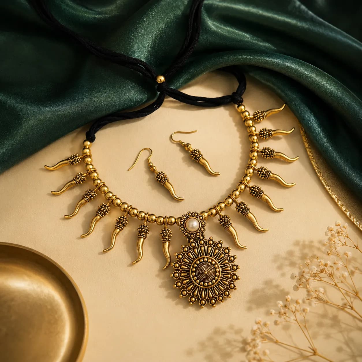 Niyanara Oxidised Gold-Toned Traditional Choker Necklace & Earring Set for Women