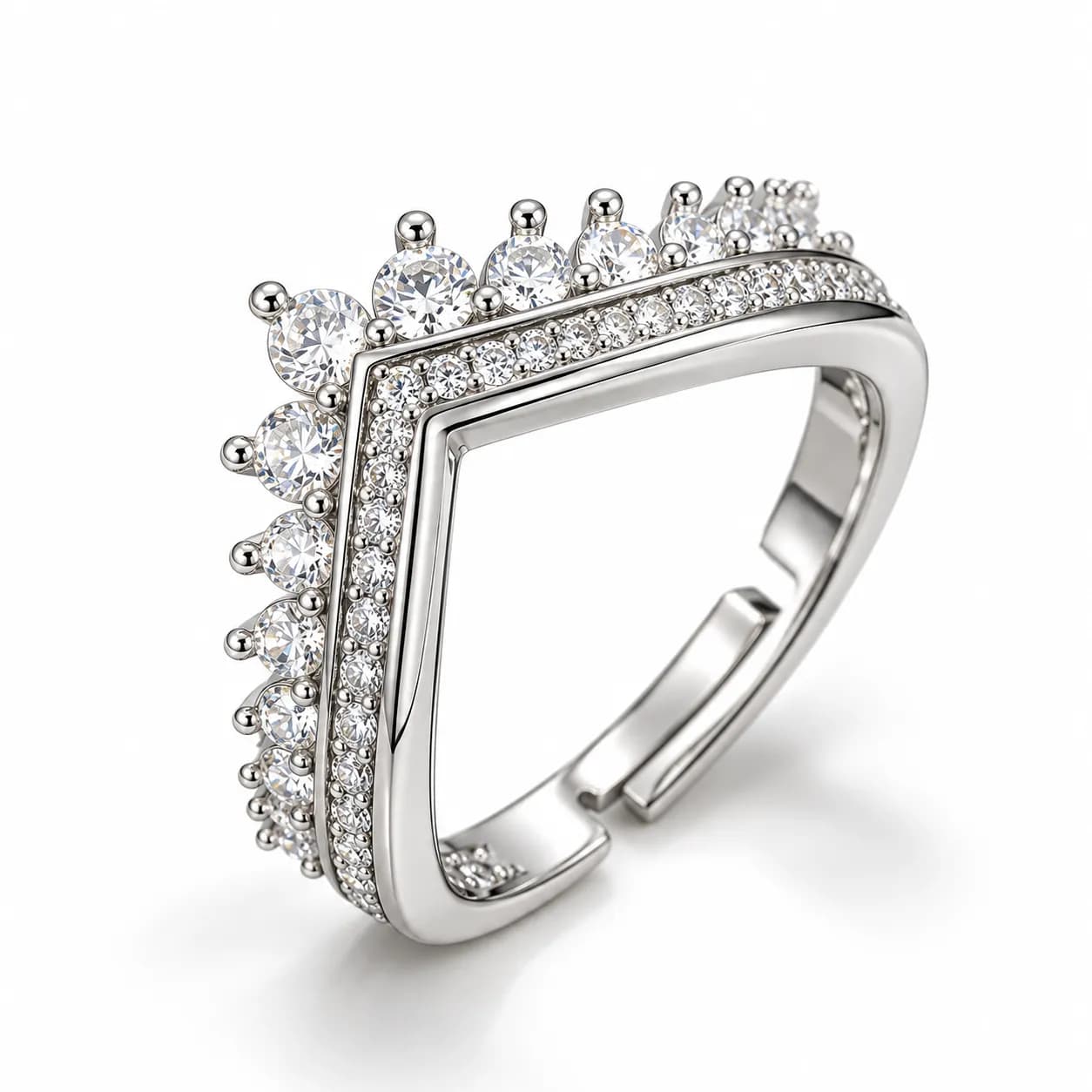Niyanara Silver Plated American Diamond V-Shape Anti-Tarnish Adjustable Ring