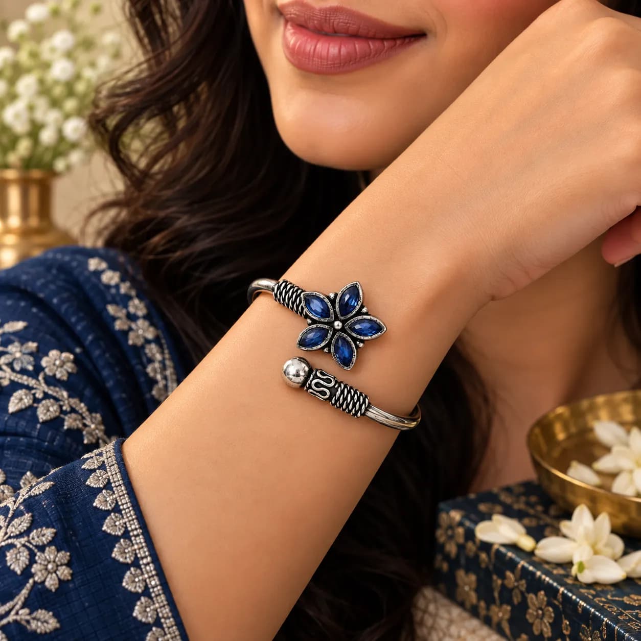 Niyanara Oxidised Silver Bloom Adjustable Bangle for Women