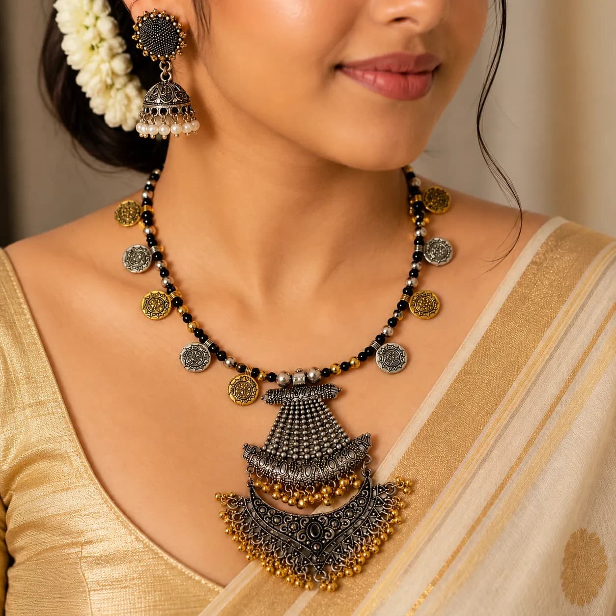 Niyanara Oxidised Two Tone Necklace with Jhumki earrings for Women