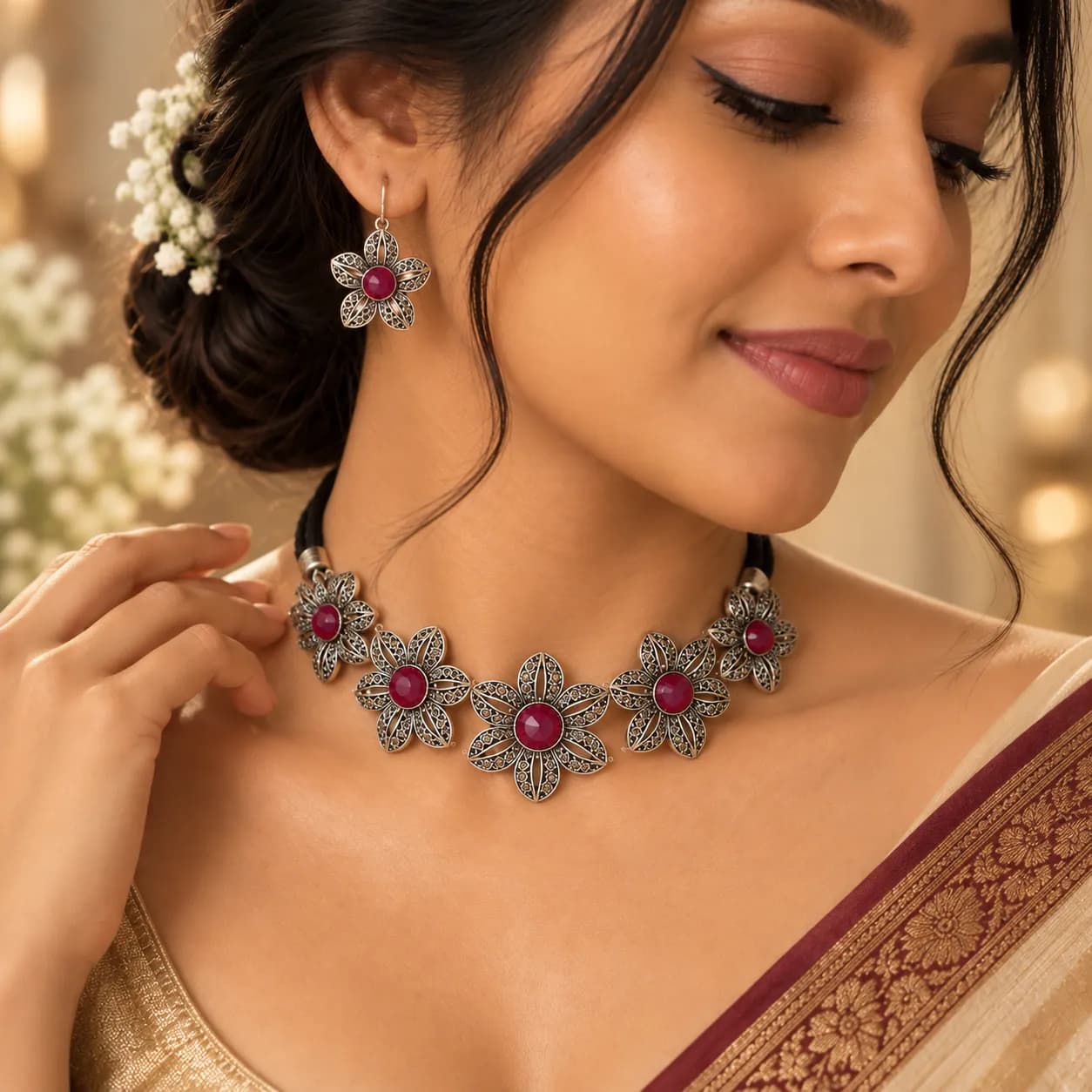 Niyanara Oxidised Floral Choker Necklace for Women