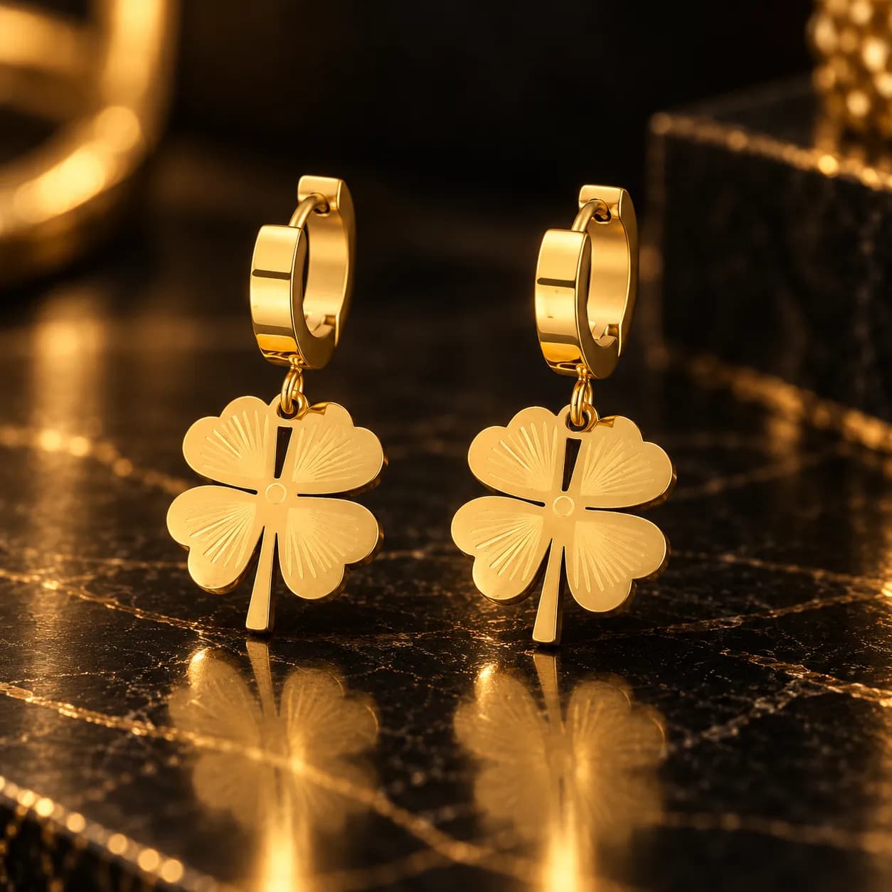 Niyanara Stainless Steel Gold plated Clover Themed Drop Earrings for Women