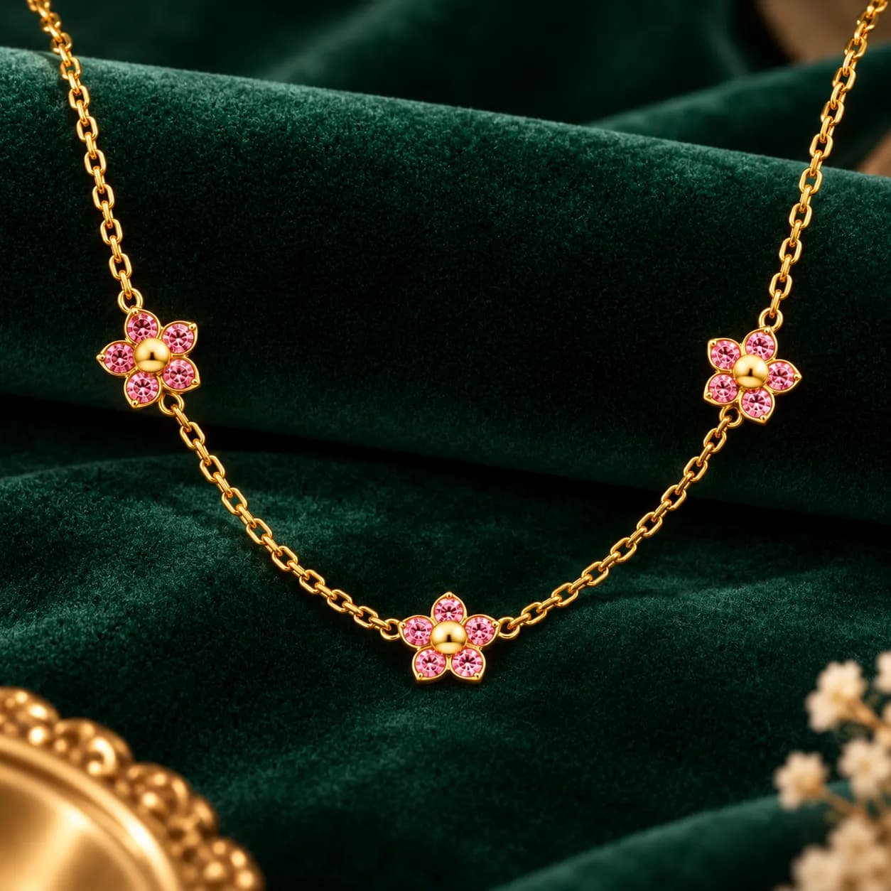 Niyanara 304 Stainless Steel Gold Plated Pink Stone Flower Necklace for Women