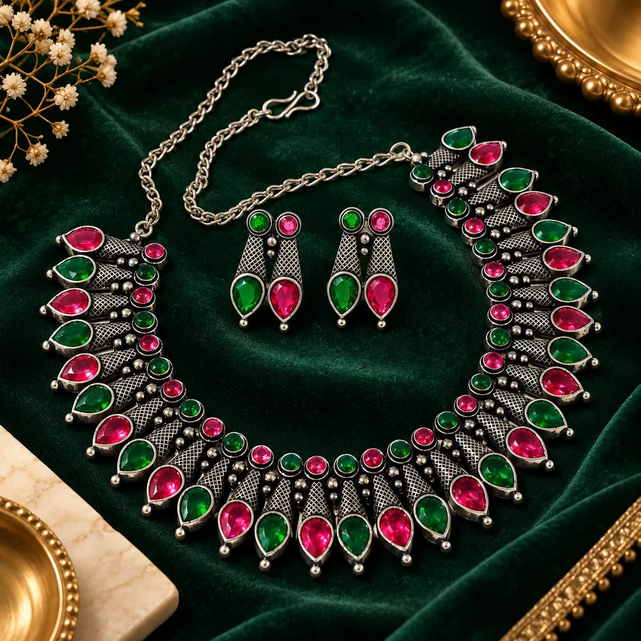 Niyanara Oxidised Silver Stone Choker Set for Women