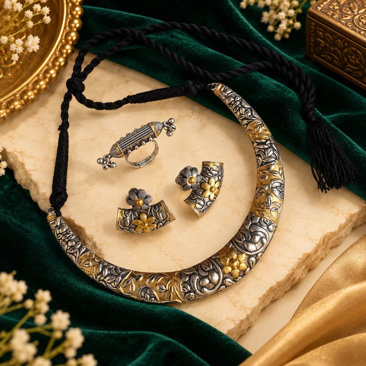 Niyanara Oxidised Silver Two Tone Hasli Necklace with Earrings and Ring Combo for Women