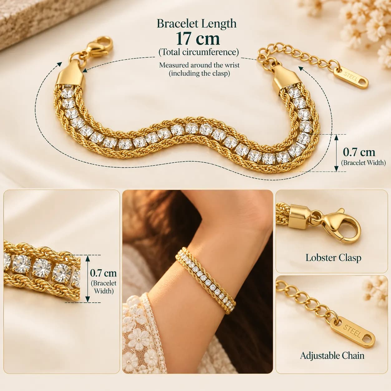 Bracelet with Crystal Detailing | 316L Stainless Steel 18KT Gold-Tone PVD finish