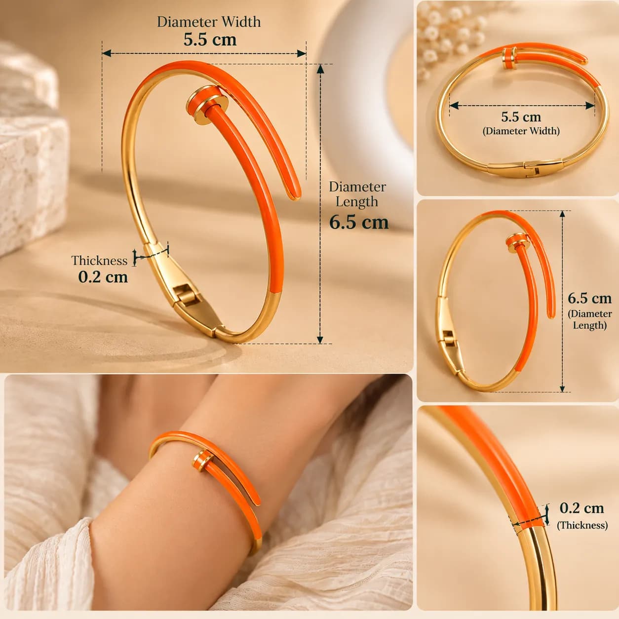 316L Stainless Steel 18KT Gold-Tone Orange Enamel Open Cuff Bracelet