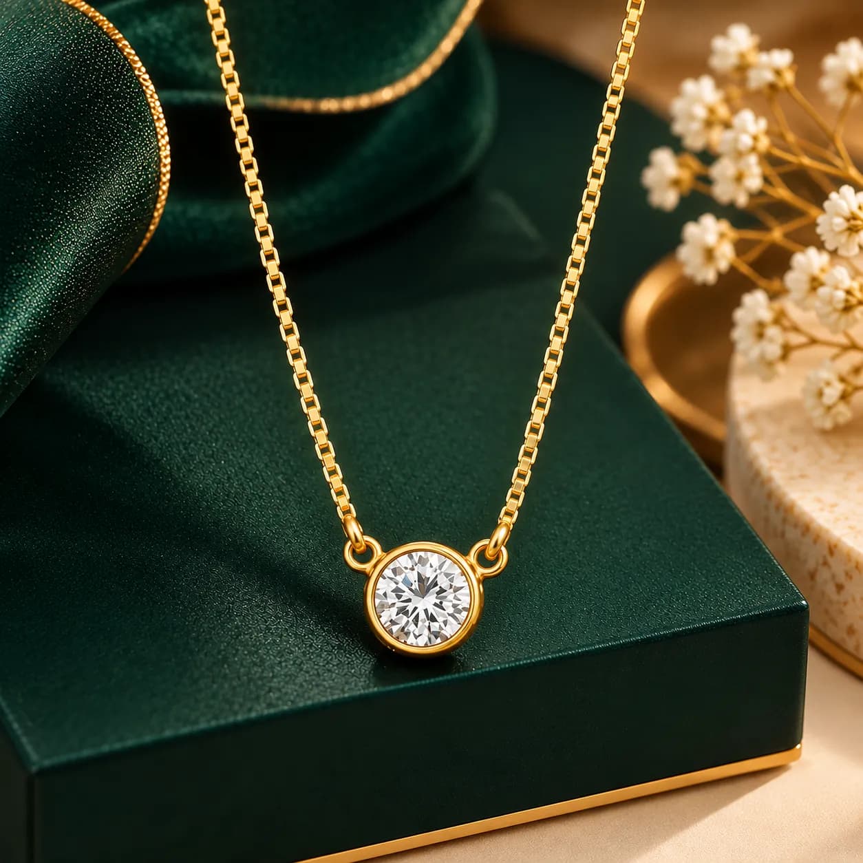 18K Gold-Plated Brass Zircon Solitaire Necklace & Stud Earrings Set