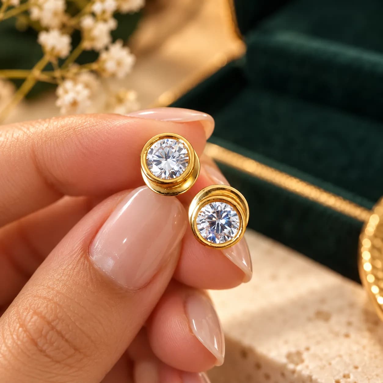 18K Gold-Plated Brass Zircon Solitaire Necklace & Stud Earrings Set