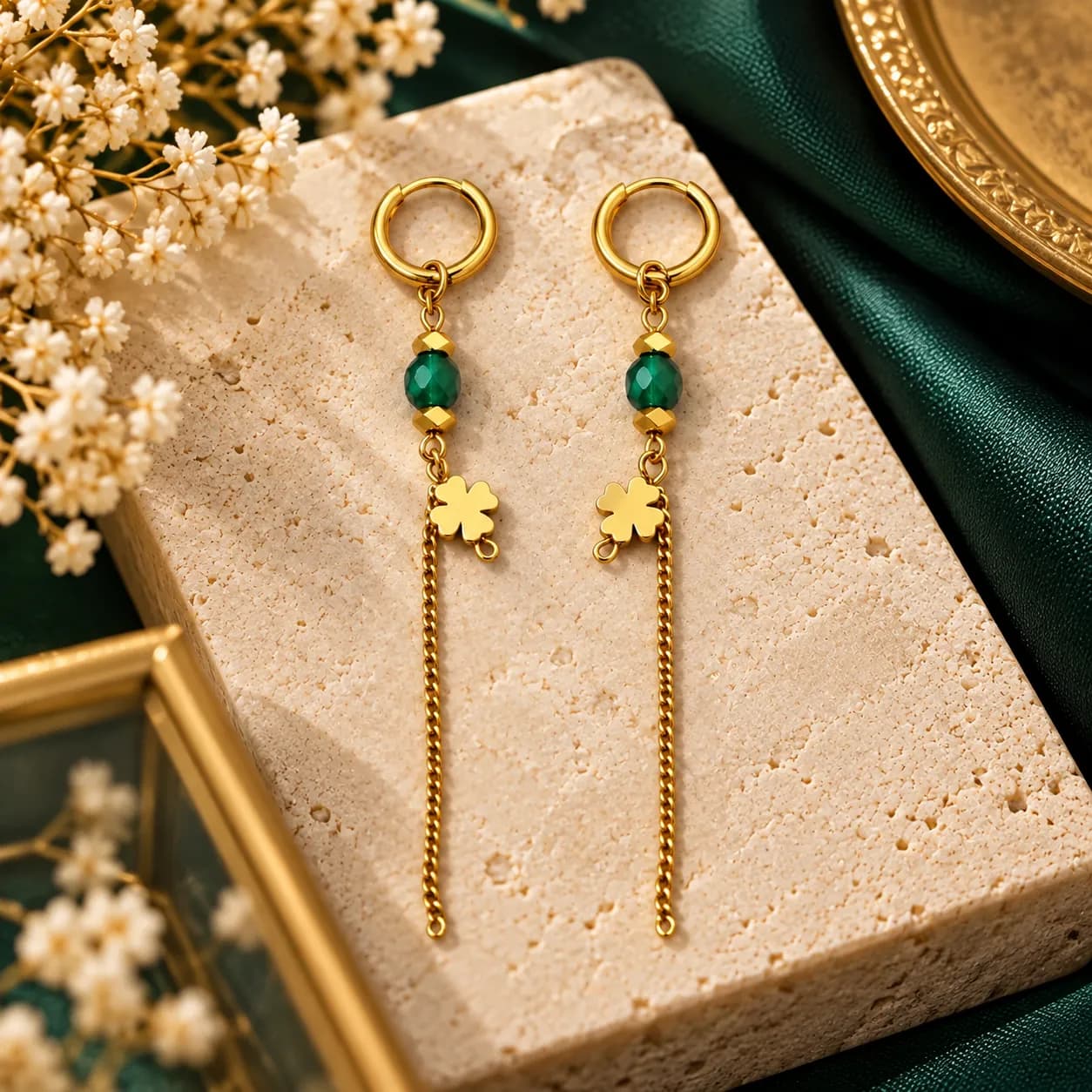 316L Stainless Steel 18KT Gold-Tone Long Drop Earrings β Emerald Clover